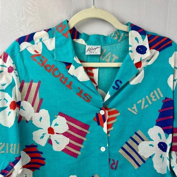 Vintage Koret Hawaiian Shirt Women Medium Shirt Sleeves Floral‎ Tropical Blue - Picture 3 of 5